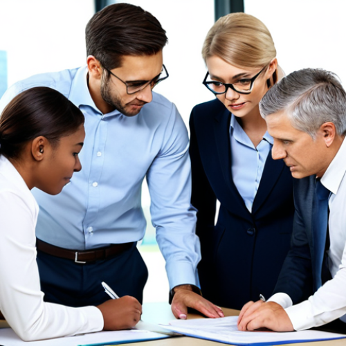 **

"A diverse team of business professionals collaborates in a modern, well-lit office. They are reviewing regulatory compliance documents, ensuring company policies are followed. Everyone is fully clothed in appropriate attire. Focus on teamwork and meticulous attention to detail. Safe for work, professional setting, perfect anatomy, correct proportions, family-friendly. High-resolution, sharp focus."

**