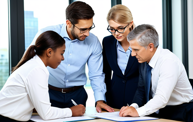 **

"A diverse team of business professionals collaborates in a modern, well-lit office. They are reviewing regulatory compliance documents, ensuring company policies are followed. Everyone is fully clothed in appropriate attire. Focus on teamwork and meticulous attention to detail. Safe for work, professional setting, perfect anatomy, correct proportions, family-friendly. High-resolution, sharp focus."

**