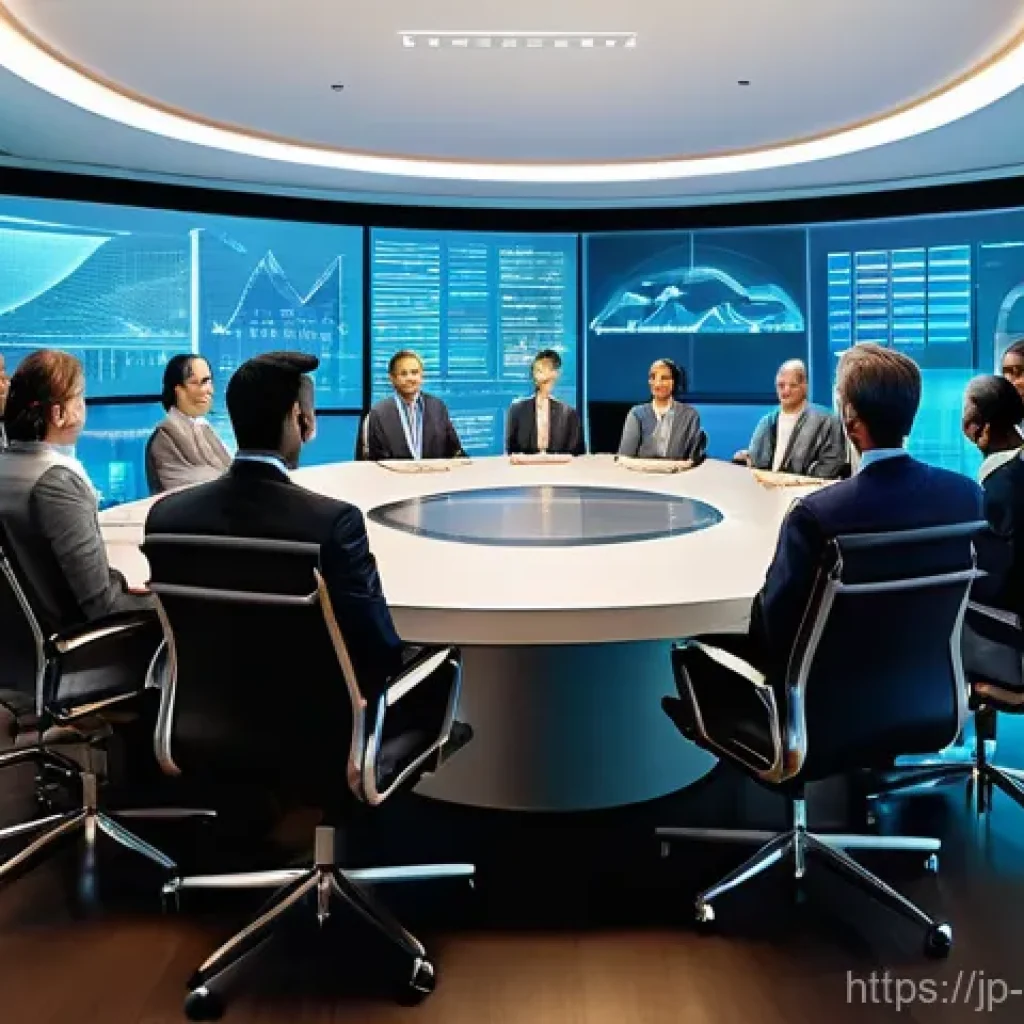 규제준수 전문가 자격 시험 과목 - **Prompt:** A visually striking, high-tech, and futuristic boardroom setting. In the foreground, a d...