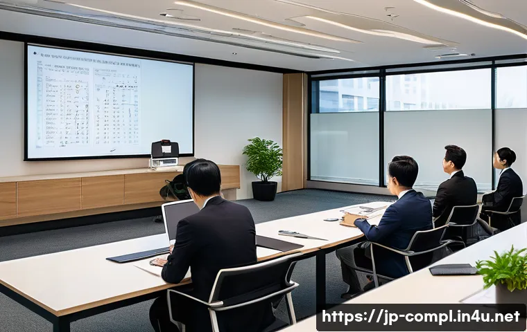 규제준수 전문가 이직 시 고려 사항 - A modern Japanese corporate office scene showcasing a diverse group of professionals engaged in a co...