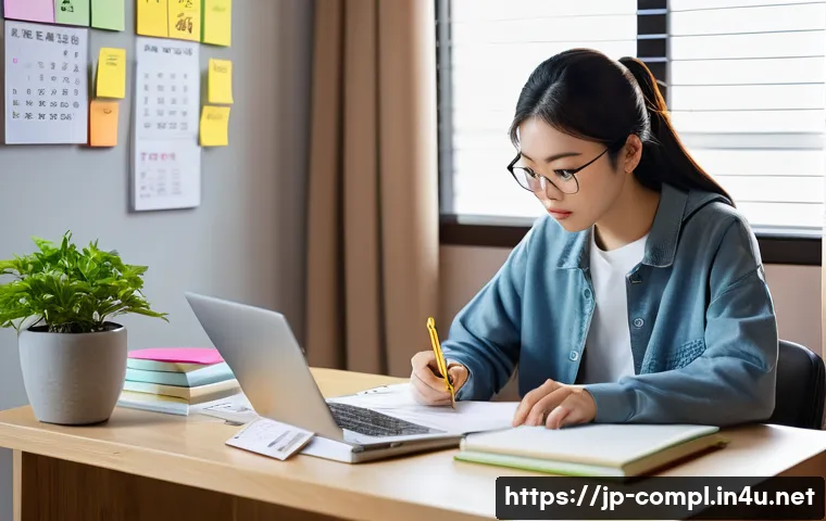 규제준수 자격 시험 준비 시 필요한 학습 자료 - A modern Japanese study room scene with a young adult studying diligently for a regulatory complianc...