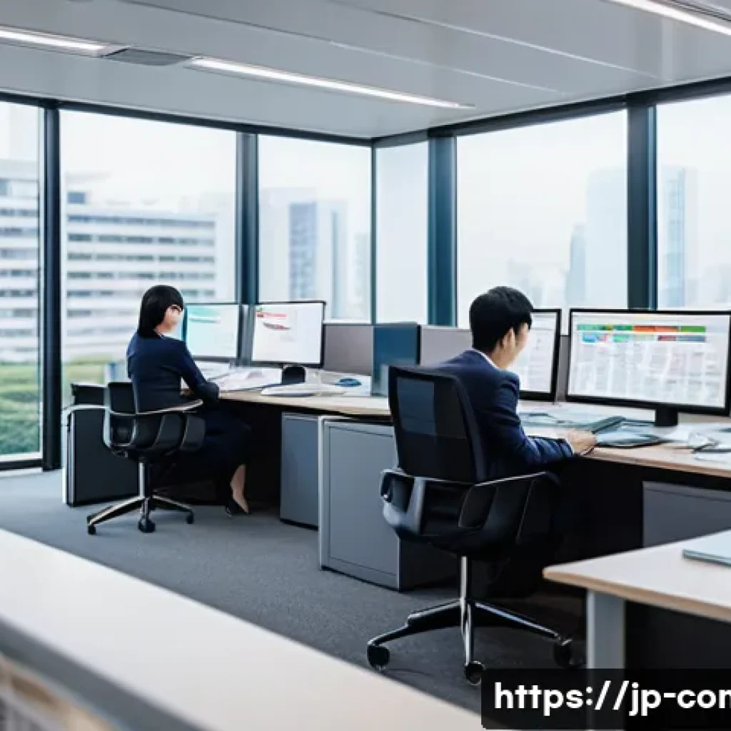 규제준수 전문가의 업무 우선순위 - A modern Japanese office scene with diverse professionals collaborating intensely on regulatory comp...