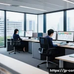 규제준수 전문가의 업무 우선순위 - A modern Japanese office scene with diverse professionals collaborating intensely on regulatory comp...