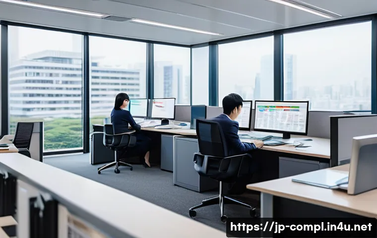 규제준수 전문가의 업무 우선순위 - A modern Japanese office scene with diverse professionals collaborating intensely on regulatory comp...