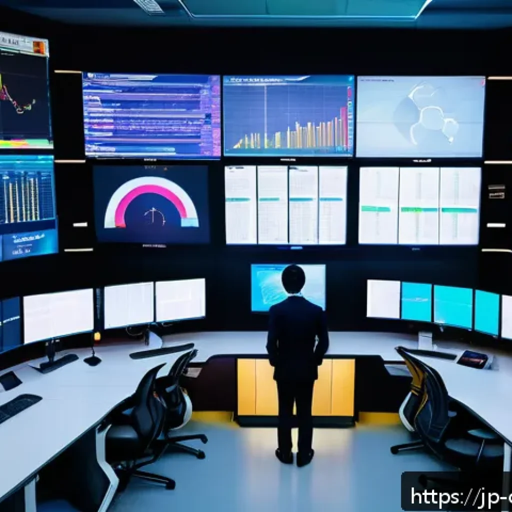 규제준수 전문가의 업무에서 기술적 요소의 역할 - A modern industrial control room featuring a diverse team of Japanese professionals monitoring real-...