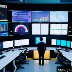 규제준수 전문가의 업무에서 기술적 요소의 역할 - A modern industrial control room featuring a diverse team of Japanese professionals monitoring real-...