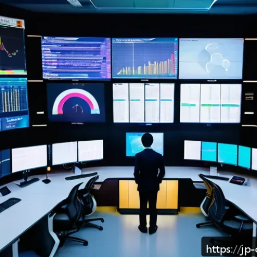 규제준수 전문가의 업무에서 기술적 요소의 역할 - A modern industrial control room featuring a diverse team of Japanese professionals monitoring real-...