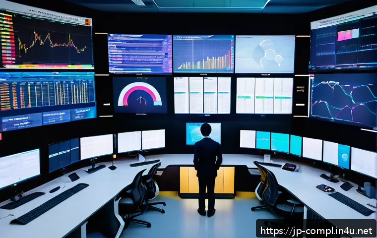 규제준수 전문가의 업무에서 기술적 요소의 역할 - A modern industrial control room featuring a diverse team of Japanese professionals monitoring real-...