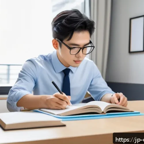 규제준수 자격 시험을 준비하는 학생들을 위한 팁 - A focused Japanese office worker studying at a neat desk with organized textbooks and digital tools,...
