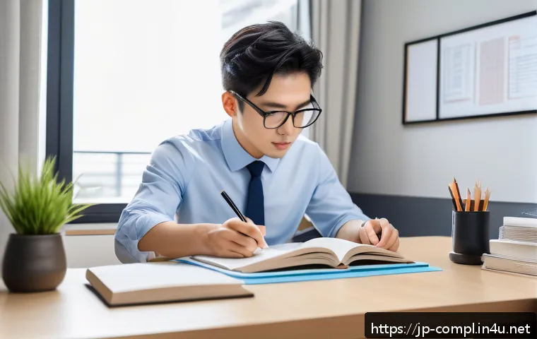 규제준수 자격 시험을 준비하는 학생들을 위한 팁 - A focused Japanese office worker studying at a neat desk with organized textbooks and digital tools,...