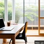규제준수 자격시험 준비 과정에서 필요한 도구 - A modern, bright study room with a minimalist desk setup by a large window letting in natural sunlig...