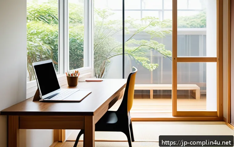 규제준수 자격시험 준비 과정에서 필요한 도구 - A modern, bright study room with a minimalist desk setup by a large window letting in natural sunlig...