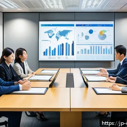 규제준수 전문가 실무 경험 - A modern Japanese office scene showing a diverse team of professionals engaged in a regulatory compl...