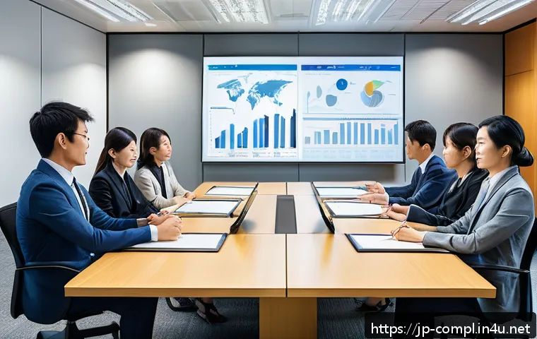규제준수 전문가 실무 경험 - A modern Japanese office scene showing a diverse team of professionals engaged in a regulatory compl...